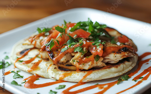 Grilled chicken tostada topped with fresh salsa and cilantro on a white plate at a casual restaurant