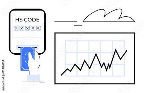 Hand inserting card into HS code reader, connected to a rising graph chart with a cloud accent. Ideal for trade, logistics, customs, growth, forecasting, data and economy themes. Simple flat