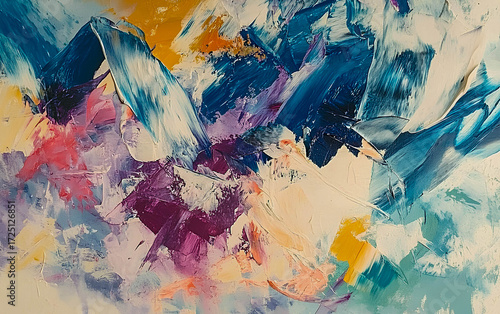 Vibrant abstract painting featuring dynamic brush strokes and a mix of soft colors showcasing blue, purple, and orange tones in an expressive art style created in a contemporary art studio