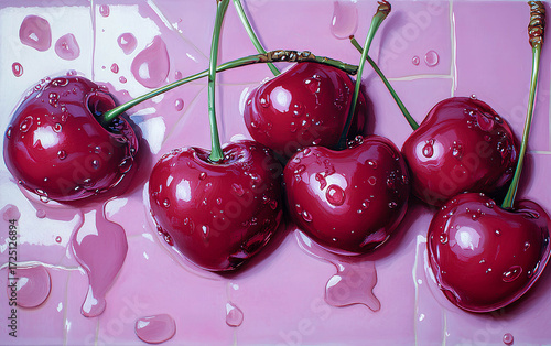 Bright red cherries with water droplets on a glossy pink surface create a vibrant and refreshing scene of summer abundance in an artistic display