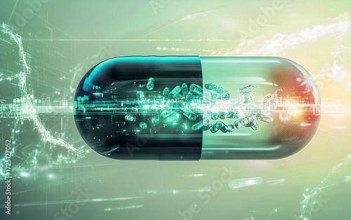 Exploring futuristic medicine with a high-tech capsule revealing particles and data streams in a vibrant digital environment