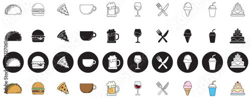 Colorful line art collection of delicious food and drink icons for restaurant menus and culinary projects that will make viewers hungry