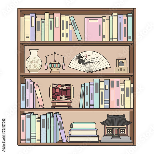 Detailed multishelf bookcase filled with books, traditional korean artifacts like fan and house, and decorative items