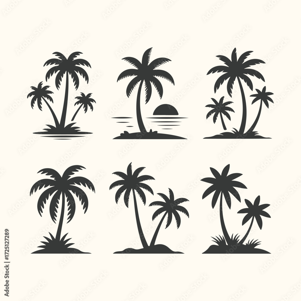 Fototapeta premium Vector art of collection of six stylized black silhouette palm tree icons, representing tropical beach vacation and summer holiday themes, isolated on a plain background