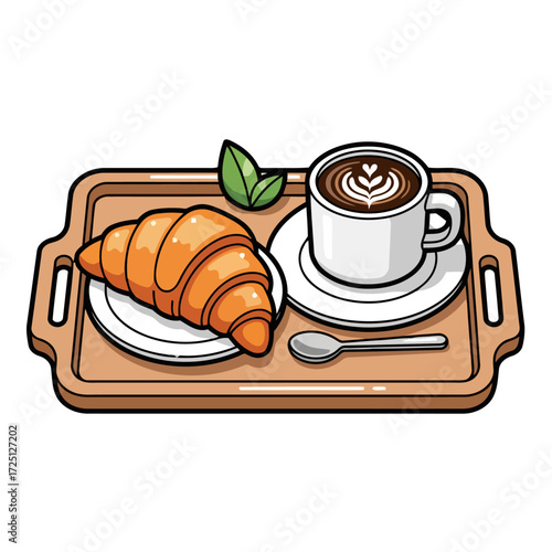 Cartoon breakfast tray with croissant and cup coffee with latte, spoon, and green leaf, isolated on transparent