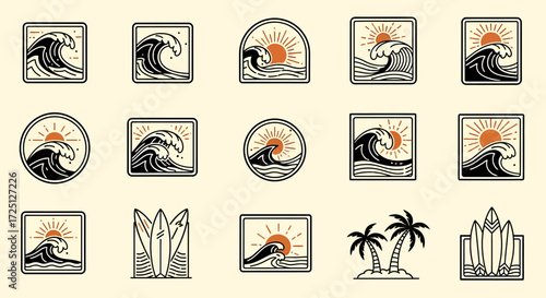 Retro Surf Wave and Palm Tree Illustrations for T-shirts and Apparel Designs