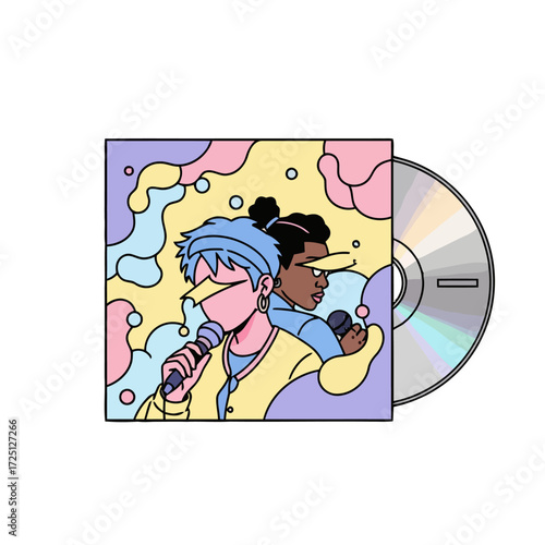 Cd album cover featuring two singers holding microphones against an abstract colorful, representing music and performance