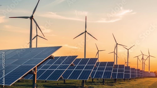 Windmill turbines generating green energy electric.Solar panels park and wind turbines at sunset.Green energy reduce carbon emissions and makes earth cleaner and more ecological.