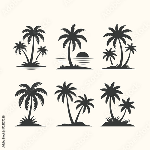 Vector art of collection of six stylized black silhouette palm tree icons, representing tropical beach vacation and summer holiday themes, isolated on a plain background