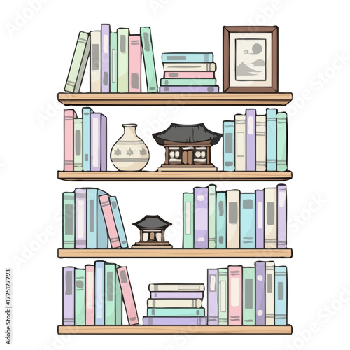 Bookshelf filled with various books, decorative vase, and miniature korean traditional houses, showcasing collection literature and cultural artifacts