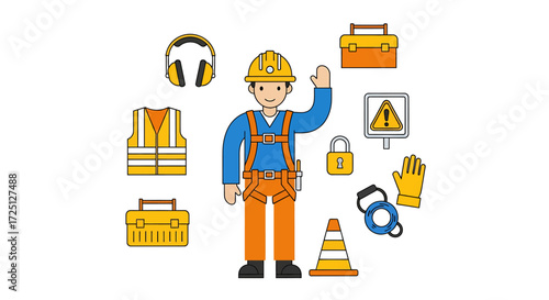 Cartoon Construction Worker with Safety Gear and Tools Illustration
