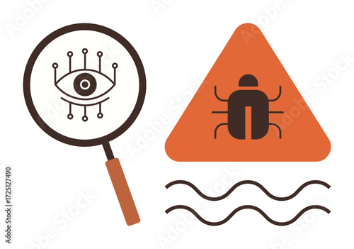 Magnifying glass with an eye over circuitry beside a warning triangle with an insect highlights malware detection, cybersecurity, and digital surveillance. Ideal for tech, hacking, analysis, IT, data