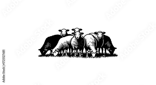 A charming illustration featuring a flock of sheep grazing peacefully in a grassy field