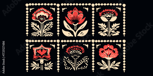 Vector illustration collection of elegant floral designs in red and beige