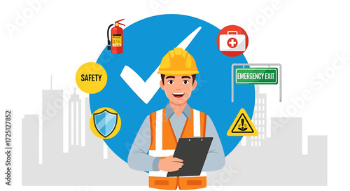 Smiling Construction Worker Emphasizing Safety Procedures in Urban Setting