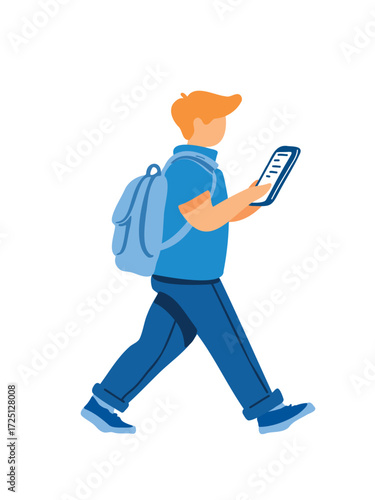 Vector illustration schoolboy walking while using smartphone