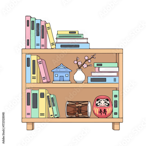 Bookshelf filled with books, small blue house, vase with branches, daruma doll, and drum