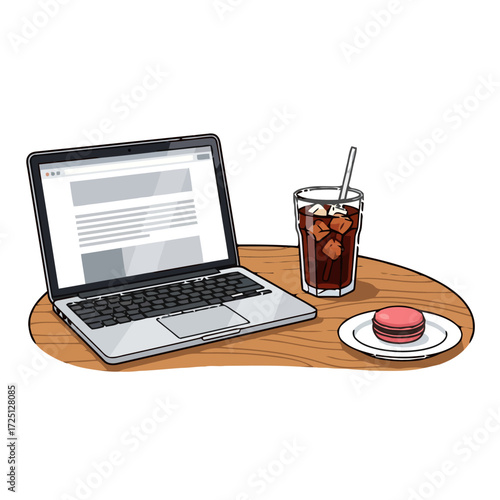 Laptop computer open with text on screen, glass iced coffee with straw, and pink macaron on plate, placed on wooden table