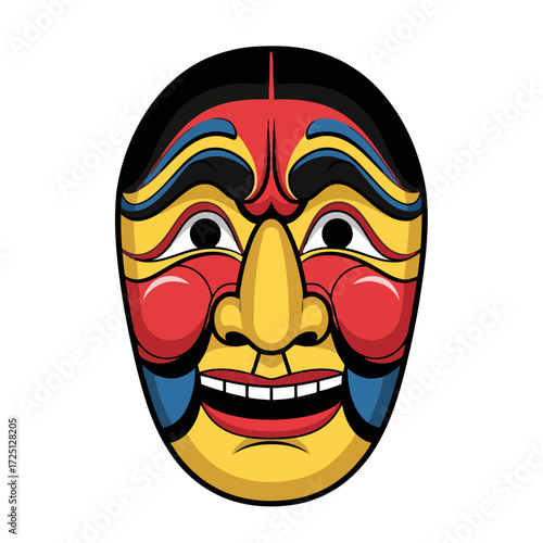 Colorful and expressive traditional korean mask, known as hahoe mask, with exaggerated features and wide smile