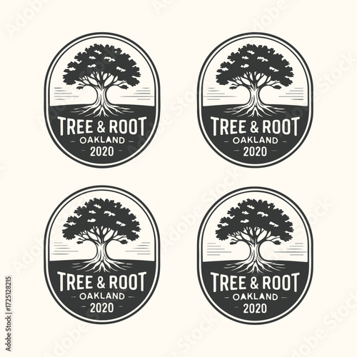 Vector art of four identical vintage tree and root logos with the text tree root oakland 2020 in a circular badge design, isolated on a light cream background