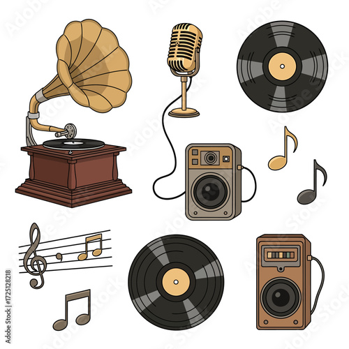 Vintage Audio Equipment Gramophone, Microphone, Speakers, and Vinyl Records in Illustration Style