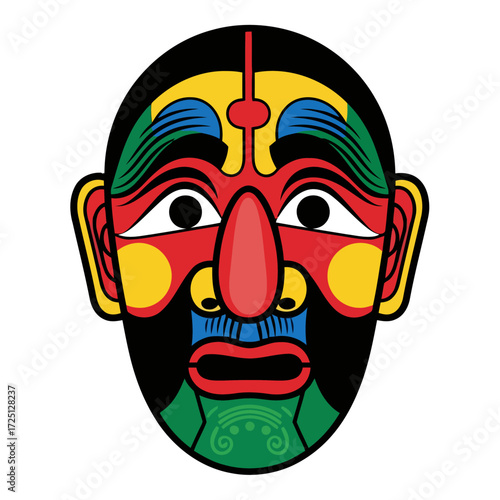 Vibrant and colorful traditional korean mask, known as hahoe mask, with exaggerated features and bold colors, representing character from korean folklore