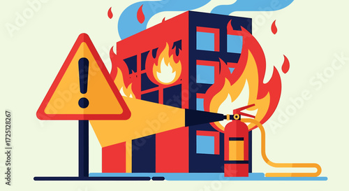Burning Building with Fire Extinguisher and Warning Sign Illustration