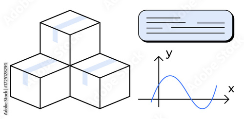 Stacked boxes with labels, line graph for analysis, and content block reflecting data insights. Ideal for logistics, shipping, supply chain, analytics, innovation tracking and efficiency. Simple
