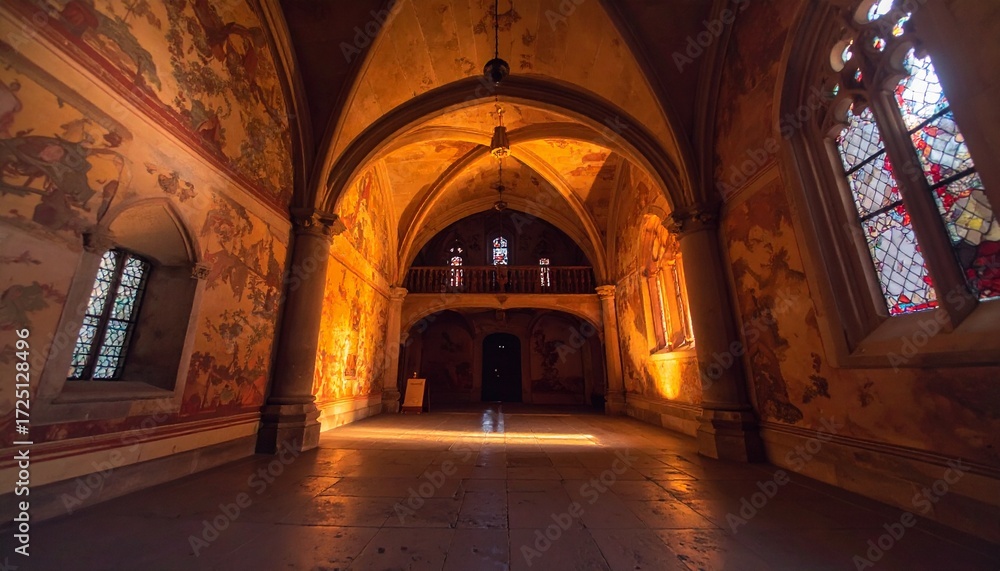Fototapeta premium Medieval gothic interior with stained glass and dramatic sunlight