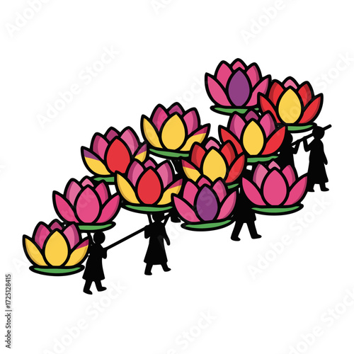 Diagonal line silhouetted figures carrying bright lotus flowers in procession
