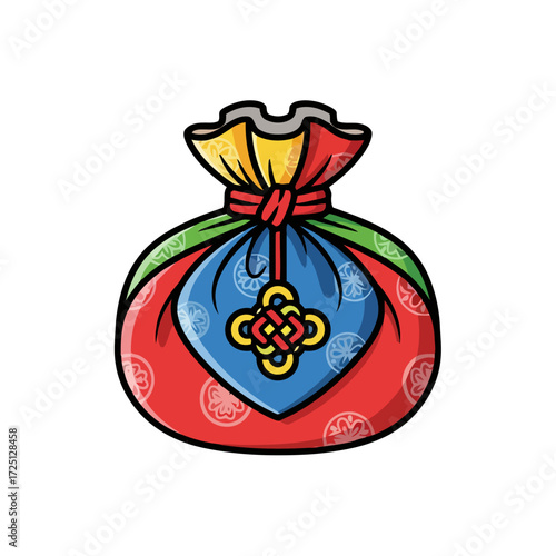 Colorful drawstring pouch with blue central panel featuring golden knot and red patterned fabric, representing good luck and prosperity in asian traditions