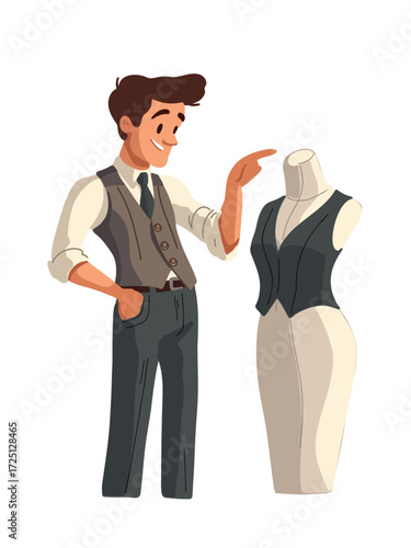 Vector illustration male fashion designer working on vest with dress form