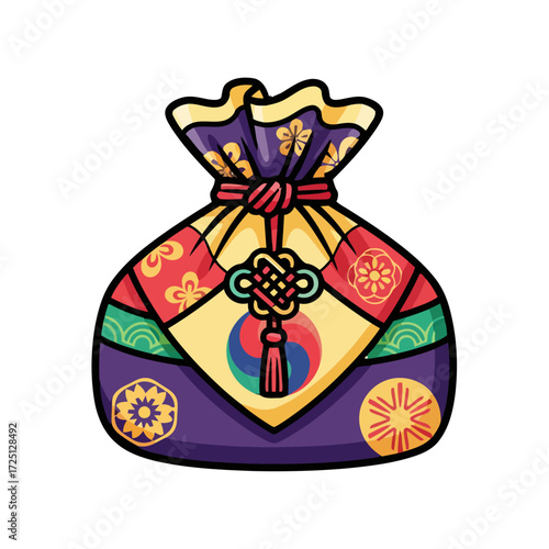 Colorful korean traditional lucky bag, known as bokjumeoni, with intricate patterns and knot