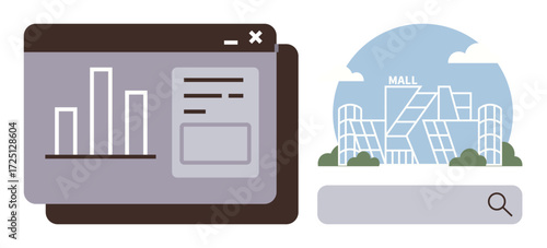 Web analytics bars and user interface next to modern mall building and search bar. Ideal for business, retail, marketing, technology, research, e-commerce, data visualization concepts. Simple flat