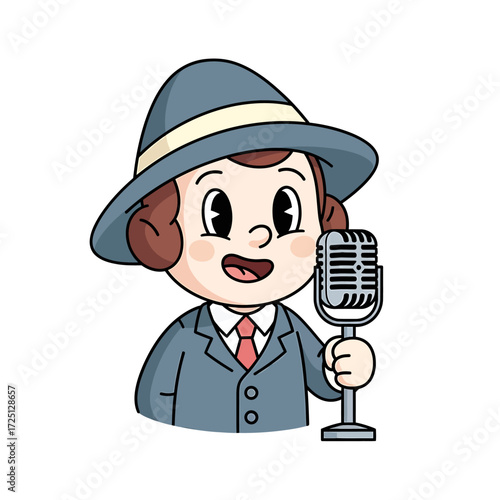 Charming Retro Cartoon Character in Suit Holding Vintage Microphone Broadcasting Live