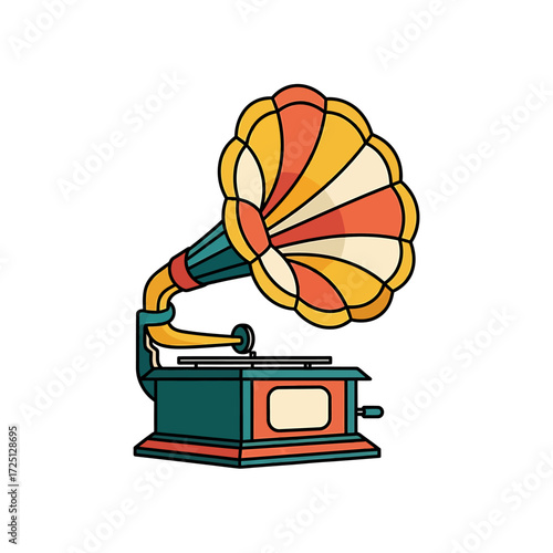 A vibrant, retro-style vector illustration of a vintage phonograph for classic music themes
