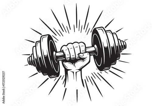 Arm with dumbbell. Gym club, fitness logo. Vector illustration