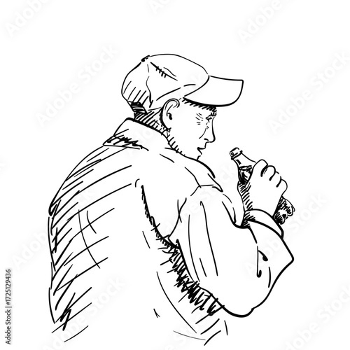 Vector sketch of a man in a cap and jacket, holding a bottle, drawn in black and white with casual streetwear style from the back view