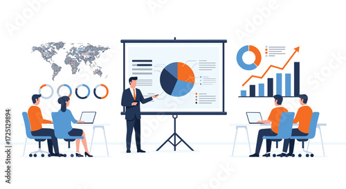 Business team attending presentation meeting with charts and graphs analytics data vector