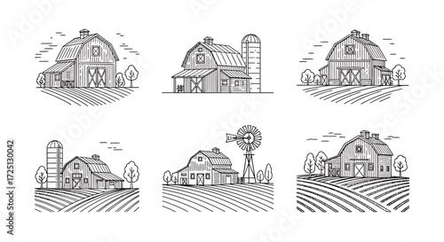 Collection of hand-drawn farmhouses, barns, silos, and rural landscape illustrations for design