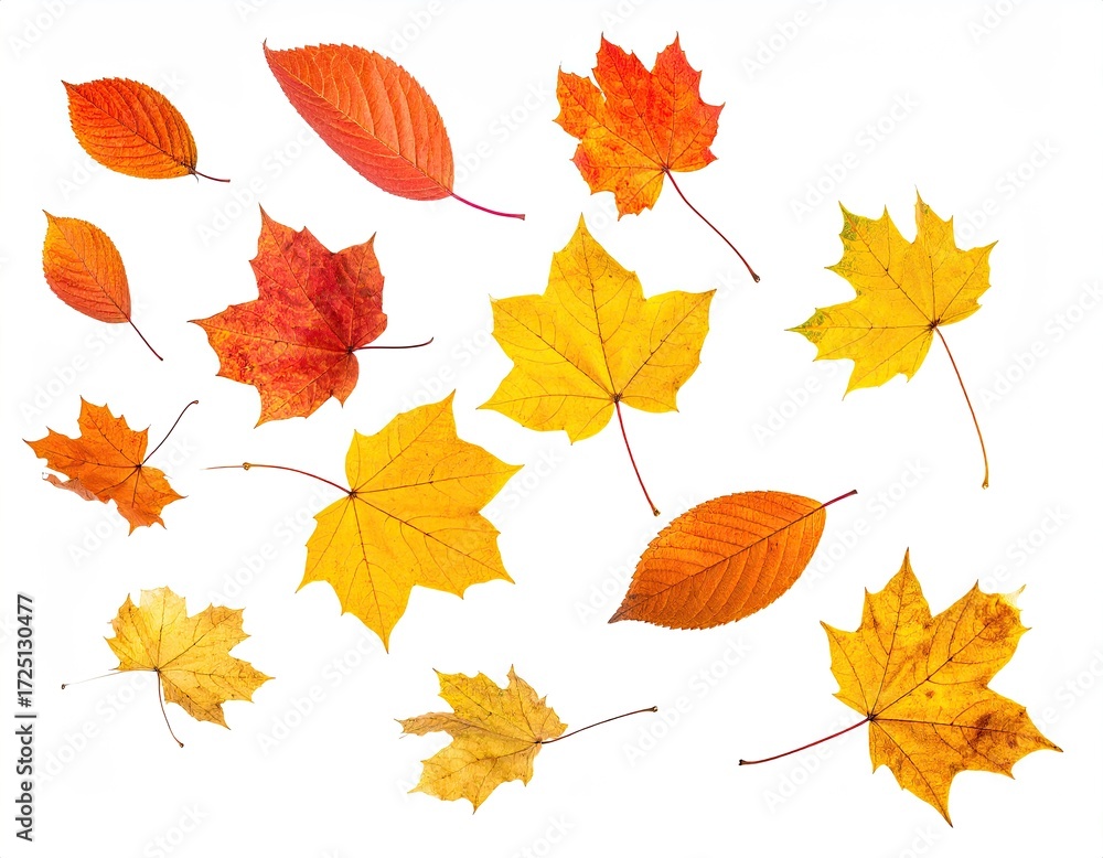 Fototapeta premium Collection of assorted autumn leaves, various shades of red, orange, and yellow, isolated on white background