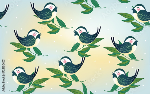 A delightful illustration of four cheerful birds perched on leafy branches, joyfully singing in harmony. The artwork features soft pastel colors, artistic details, that celebrates nature, music