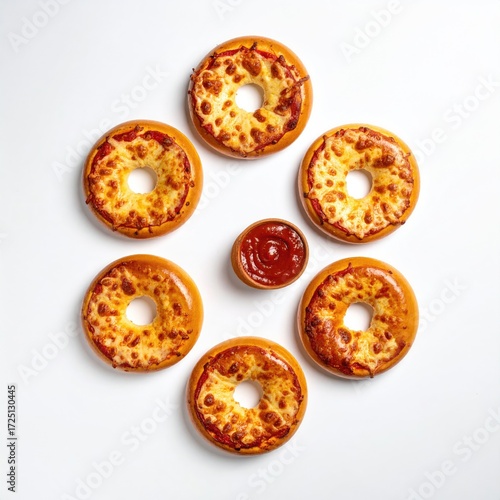 Six mini pizzas arranged around a small bowl of marinara sauce on a white background, forming a visually appealing pattern