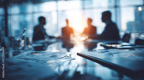 modern scene of individuals with a mediator, discussing wealth and assets. Subtle visual cues such as property documents on the table.