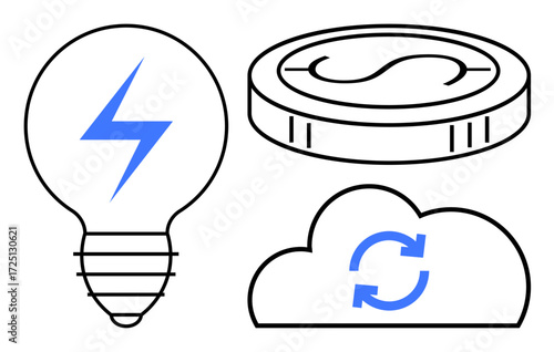 Light bulb with lightning, a coin, and a cloud with sync arrows, demonstrating energy, finance, and technology. Ideal for innovation, sustainability, fintech cloud services digital economy