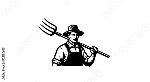 Vintage Farmer with Pitchfork on Shoulder, Carrying Farming Equipment, Professional Agriculture