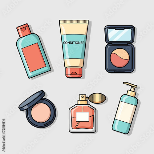 Stylish Collection of Essential Beauty and Personal Care Products in Clean Vector Illustration