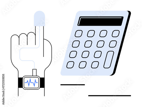 Hand with wearable heart rate monitor linked to finger sensor, alongside calculator. Ideal for health tracking, finance management, technology, calculation, fitness, analysis, simple flat metaphor
