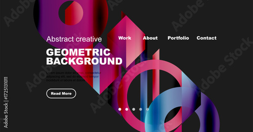 Abstract website mockup. Geometric shapes, vibrant colors, dark background. Navigation menu present. Text details included.