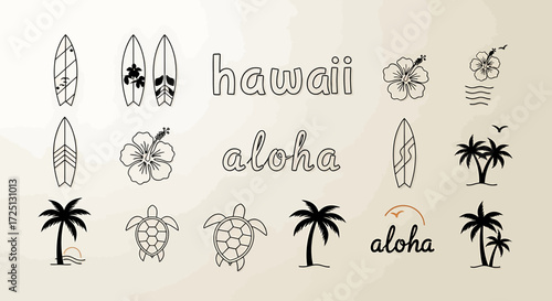 Vector Illustration Set of Outline Icons Representing Tropical Hawaiian Culture and Summer Vacation Elements for Design Projects
